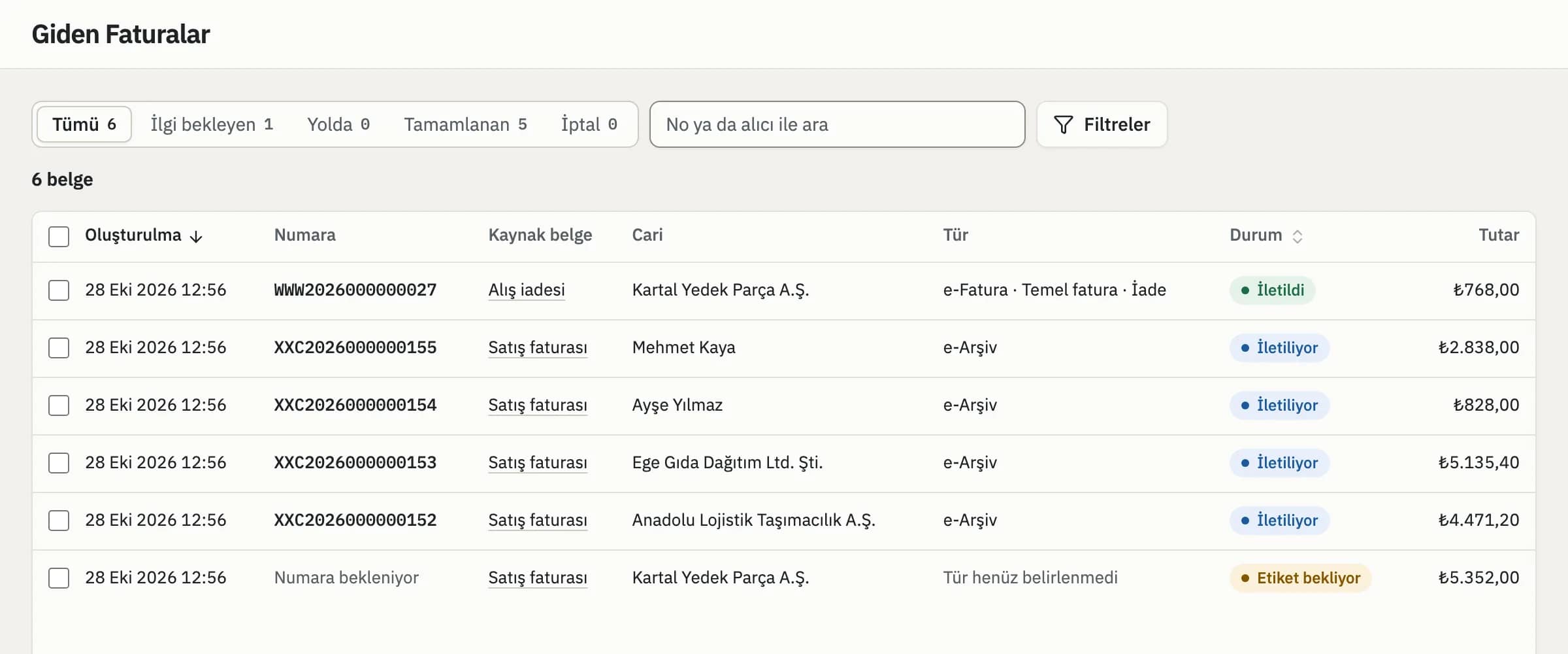 Gönderilen e-Fatura ve e-Arşiv belgeleri