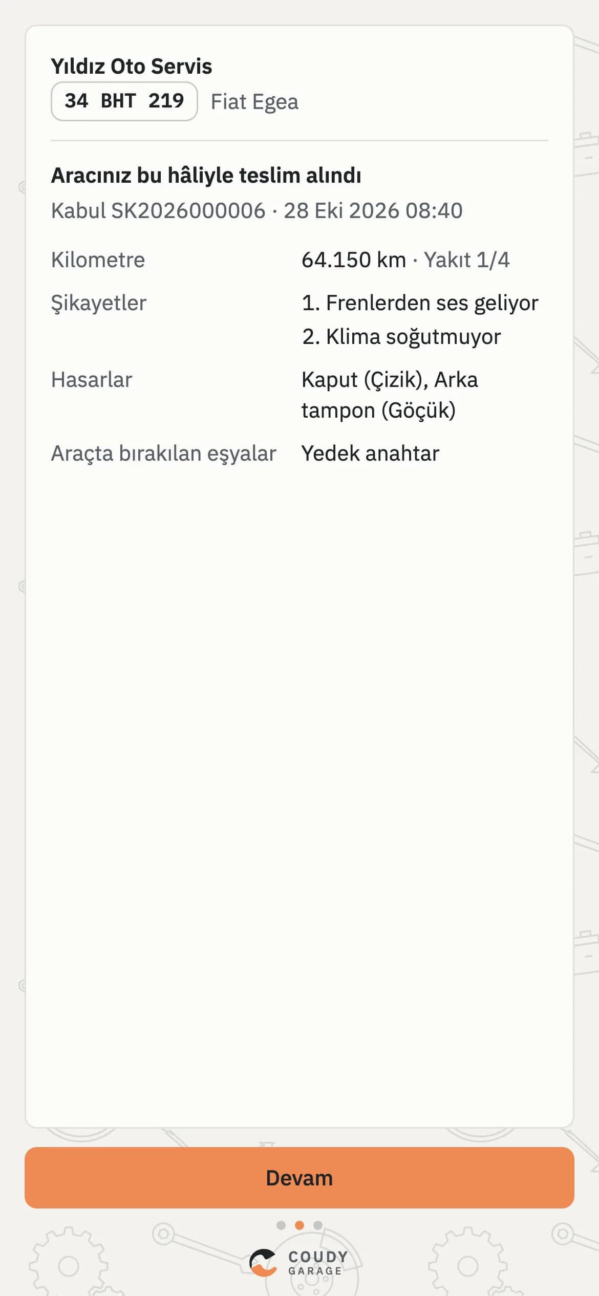 Müşterinin telefonunda kabul özeti