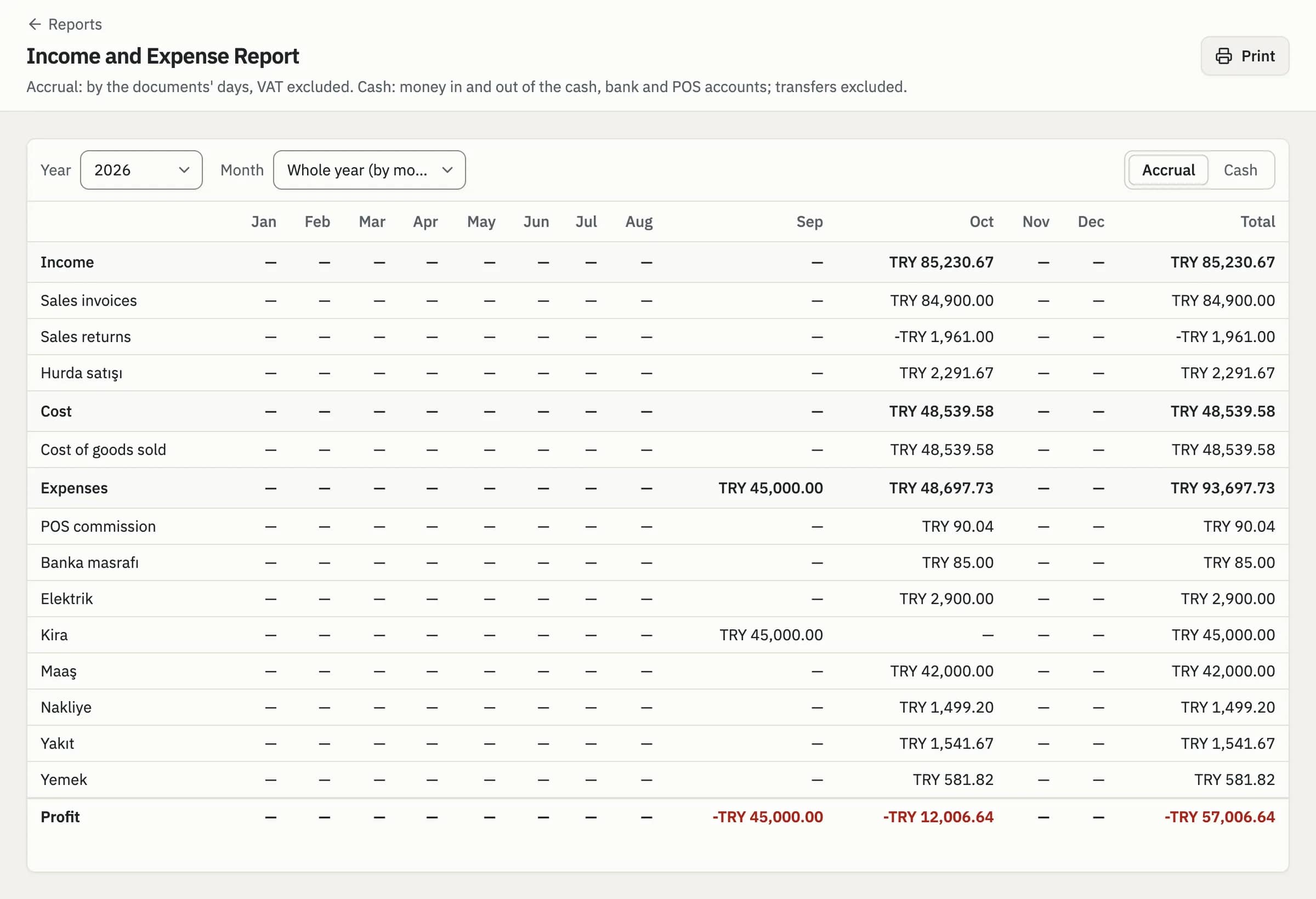 Income and expense report