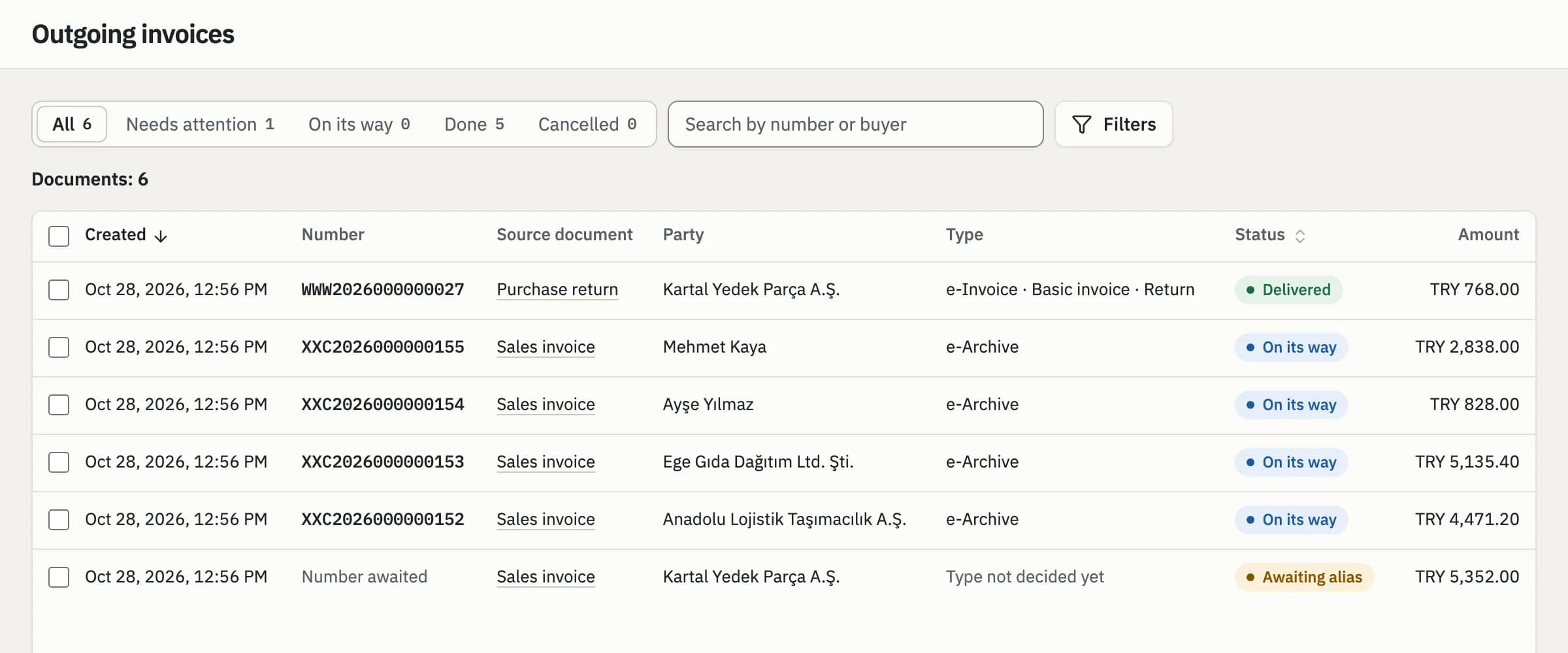 E-invoices and e-archive invoices sent
